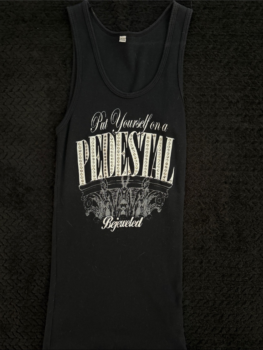 Bejeweled Black Ribbed Tank Top - 'Put Yourself on a Pedestal'